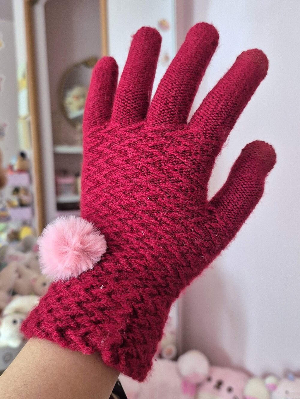 Anthropologie Bright Red Tech Gloves w/ Pink Pom Pom